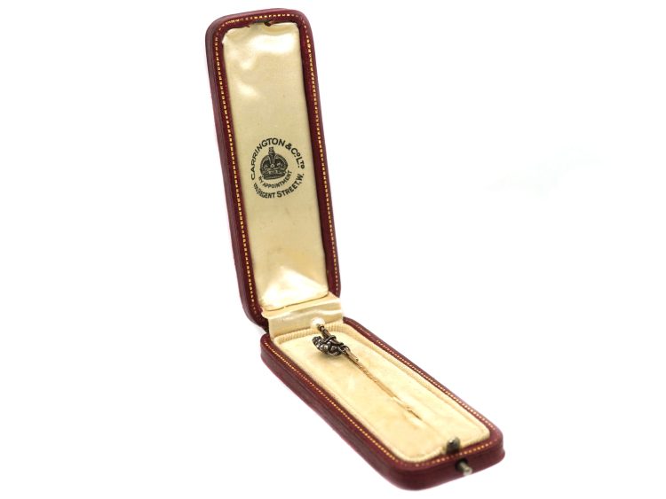 Edwardian Climbing Monkey Tie Pin set with a Natural Pearl & Rose Diamonds in Original Case