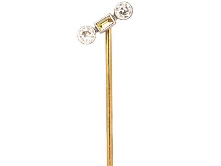 Art Deco Platinum & 15ct Gold & Platinum Tie Pin set with a Fancy Yellow Diamond with a Diamond on Either Side