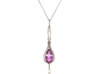 Edwardian Platinum & Diamond Pink Topaz Pendant on Platinum Chain