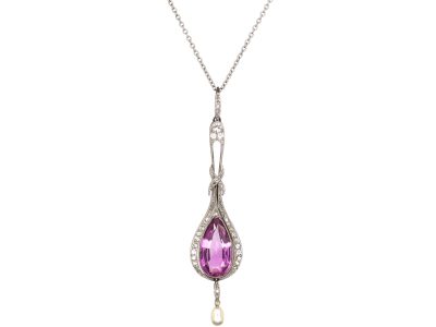 Edwardian Platinum & Diamond Pink Topaz Pendant on Platinum Chain