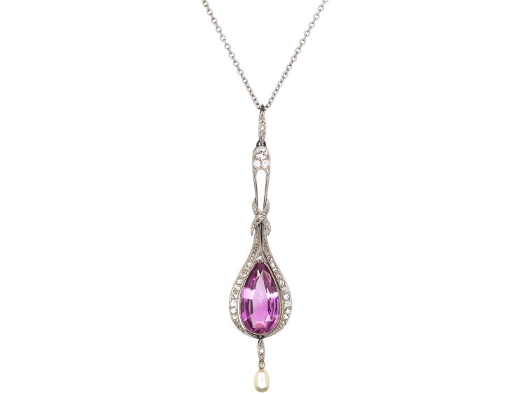 Edwardian Platinum & Diamond Pink Topaz Pendant on Platinum Chain