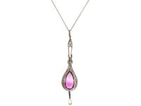 Edwardian Platinum & Diamond Pink Topaz Pendant on Platinum Chain