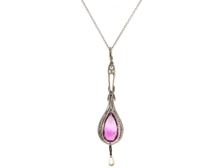 Edwardian Platinum & Diamond Pink Topaz Pendant on Platinum Chain