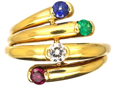 Modernist 18ct Gold Coily Ring by Fred, Paris, Set with a Diamond, Emerald, Ruby & Sapphire