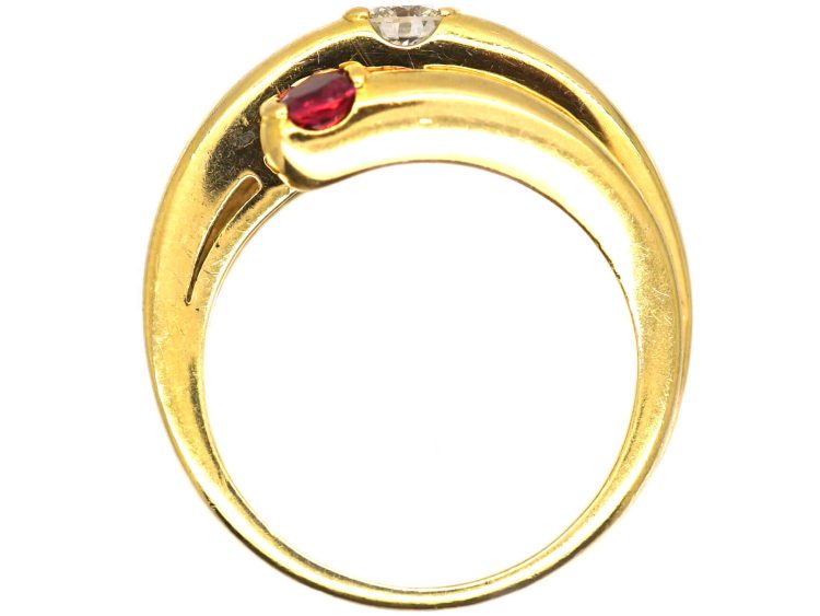 Modernist 18ct Gold Coily Ring by Fred, Paris, Set with a Diamond, Emerald, Ruby & Sapphire