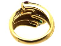 Modernist 18ct Gold Coily Ring by Fred, Paris, Set with a Diamond, Emerald, Ruby & Sapphire