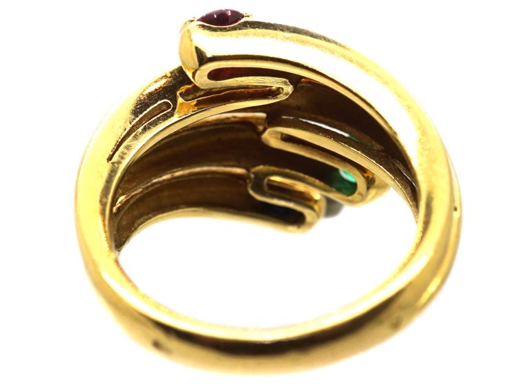 Modernist 18ct Gold Coily Ring by Fred, Paris, Set with a Diamond, Emerald, Ruby & Sapphire