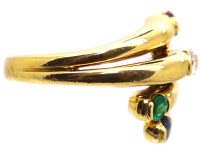 Modernist 18ct Gold Coily Ring by Fred, Paris, Set with a Diamond, Emerald, Ruby & Sapphire