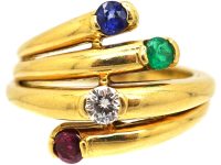 Modernist 18ct Gold Coily Ring by Fred, Paris, Set with a Diamond, Emerald, Ruby & Sapphire