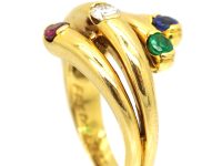Modernist 18ct Gold Coily Ring by Fred, Paris, Set with a Diamond, Emerald, Ruby & Sapphire