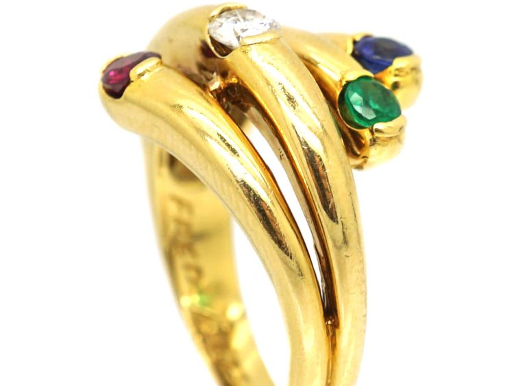 Modernist 18ct Gold Coily Ring by Fred, Paris, Set with a Diamond, Emerald, Ruby & Sapphire