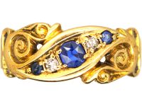 Edwardian 18ct Gold Sapphire & Diamond Crossover Ring with Ornate Shoulders