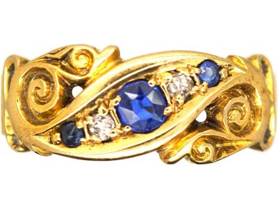 Edwardian 18ct Gold Sapphire & Diamond Crossover Ring with Ornate Shoulders