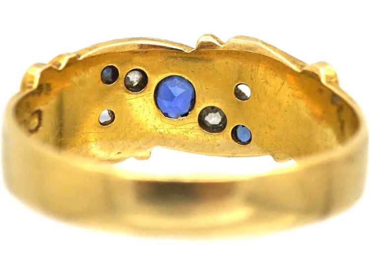 Edwardian 18ct Gold Sapphire & Diamond Crossover Ring with Ornate Shoulders