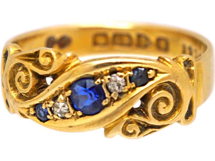 Edwardian 18ct Gold Sapphire & Diamond Crossover Ring with Ornate Shoulders