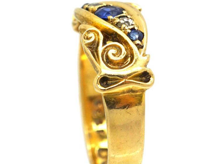 Edwardian 18ct Gold Sapphire & Diamond Crossover Ring with Ornate Shoulders