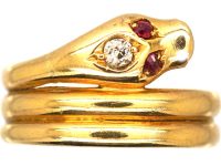 Victorian 18ct Gold Snake Ring with Old Mine Cut Diamond in His Head & Ruby Eyes