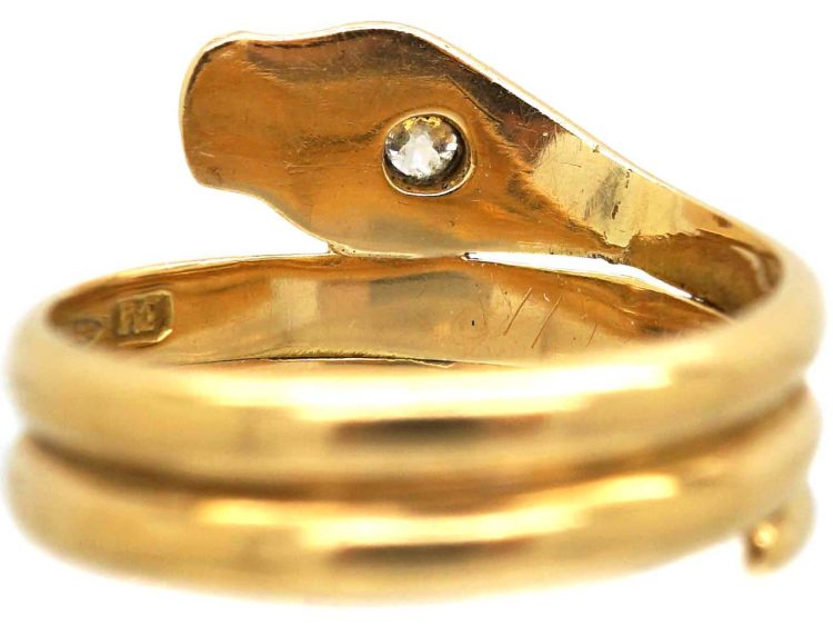 Victorian 18ct Gold Snake Ring with Old Mine Cut Diamond in His Head & Ruby Eyes