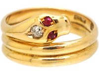 Victorian 18ct Gold Snake Ring with Old Mine Cut Diamond in His Head & Ruby Eyes
