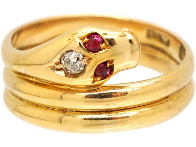 Victorian 18ct Gold Snake Ring with Old Mine Cut Diamond in His Head & Ruby Eyes