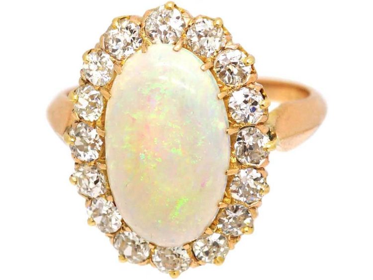 Early 20th Century 18ct Gold, Large Opal & Diamond Oval Cluster Ring