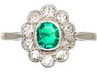 Edwardian 18ct White Gold, Emerald & Diamond Cluster Ring