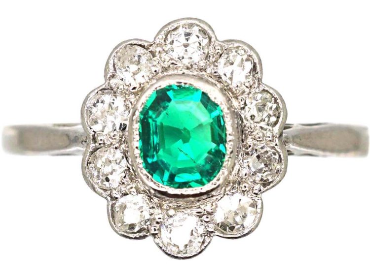 Edwardian 18ct White Gold, Emerald & Diamond Cluster Ring