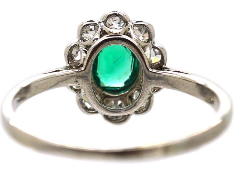 Edwardian 18ct White Gold, Emerald & Diamond Cluster Ring