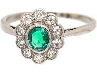 Edwardian 18ct White Gold, Emerald & Diamond Cluster Ring