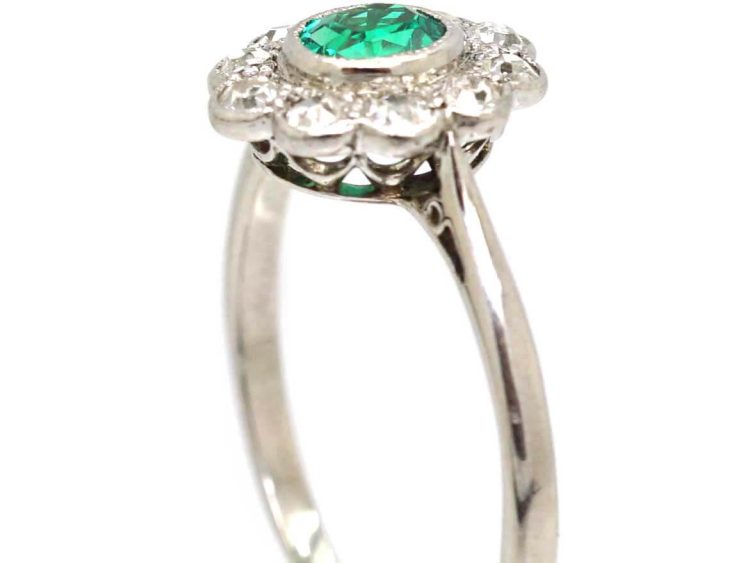 Edwardian 18ct White Gold, Emerald & Diamond Cluster Ring