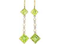 Edwardian 15ct Gold & Platinum, Peridot & Natural Pearl Drop Earrings