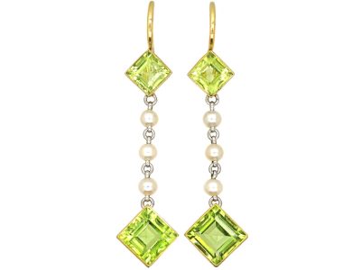 Edwardian 15ct Gold & Platinum, Peridot & Natural Pearl Drop Earrings