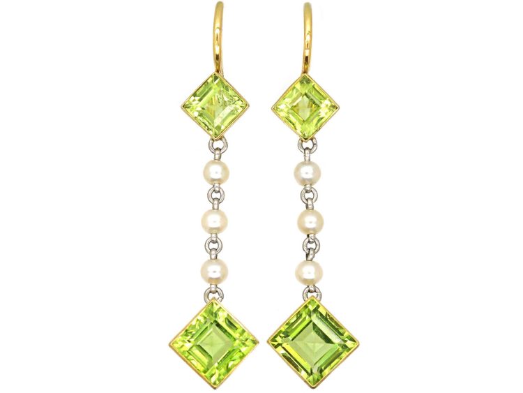 Edwardian 15ct Gold & Platinum, Peridot & Natural Pearl Drop Earrings