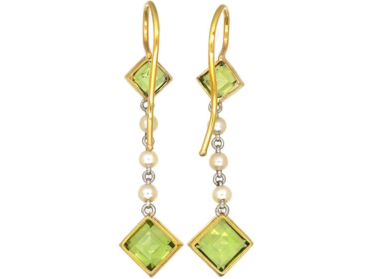 Edwardian 15ct Gold & Platinum, Peridot & Natural Pearl Drop Earrings