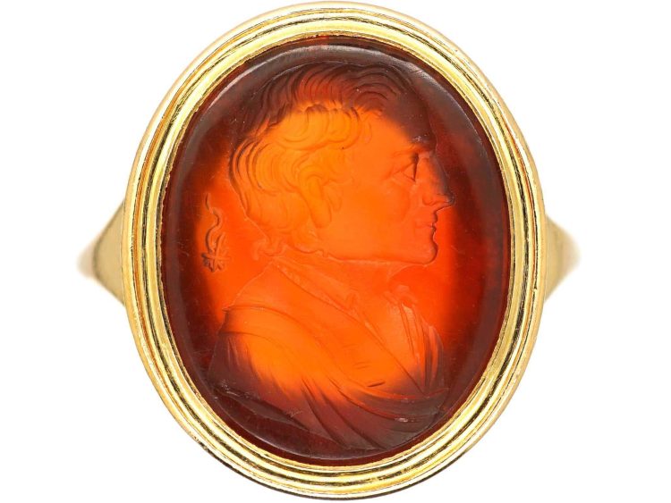 Georgian 15ct Gold Carnelian Intaglio Portrait Ring of Edmond Halley & his Comet
