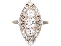 Art Deco 14ct Gold & Platinum Marquise Ring set with Diamonds