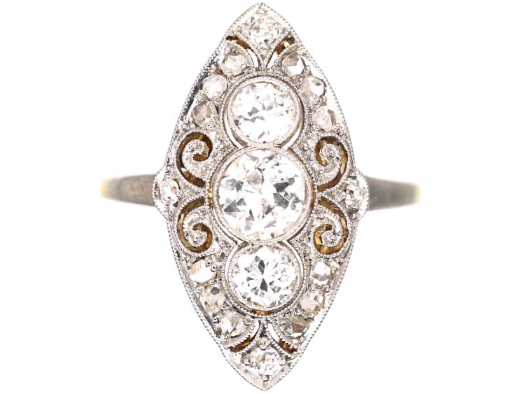 Art Deco 14ct Gold & Platinum Marquise Ring set with Diamonds