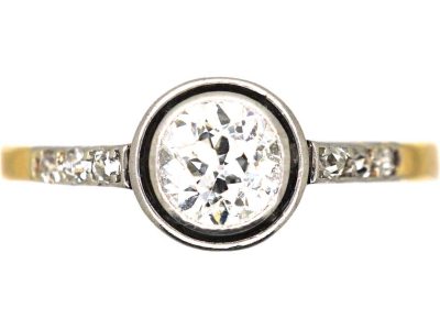 Art Deco 18ct Gold & Platinum, Diamond Solitaire Ring with Diamond Shoulders