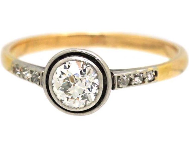 Art Deco 18ct Gold & Platinum, Diamond Solitaire Ring with Diamond Shoulders
