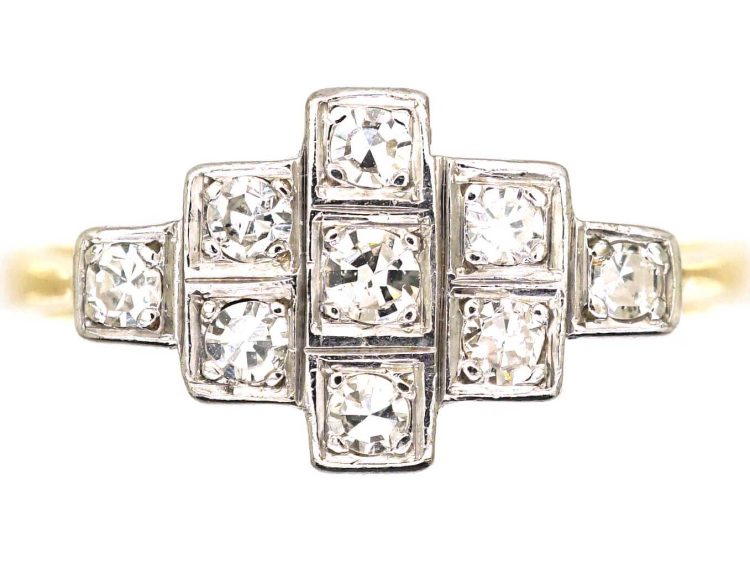 Art Deco 18ct Gold & Platinum Geometric Cluster Ring set with Diamonds