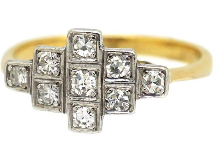 Art Deco 18ct Gold & Platinum Geometric Cluster Ring set with Diamonds