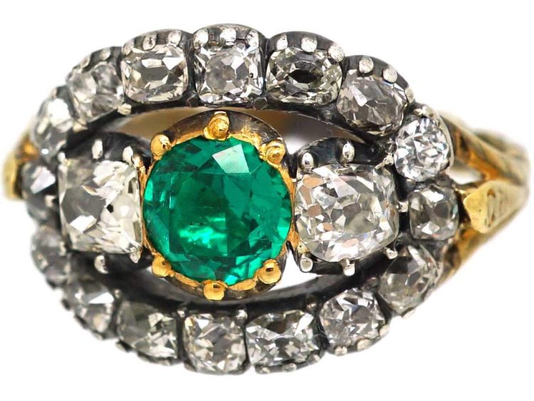 Georgian 9ct Gold Emerald & Diamond Oval Ring