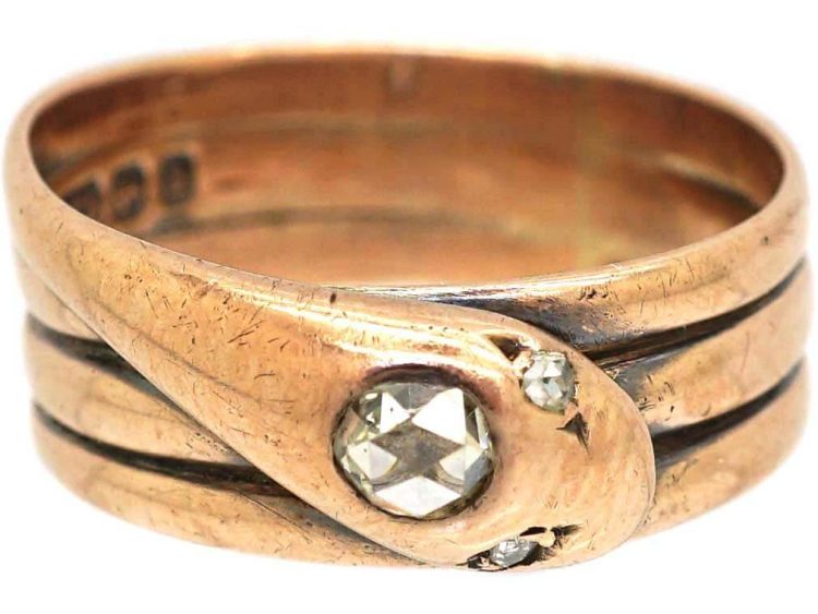 Victorian 9ct Gold Snake Ring set with a Rose Diamond