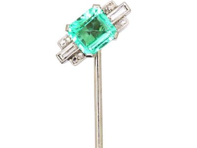 Art Deco Platinum, Emerald & Baguette Diamond Tie Pin