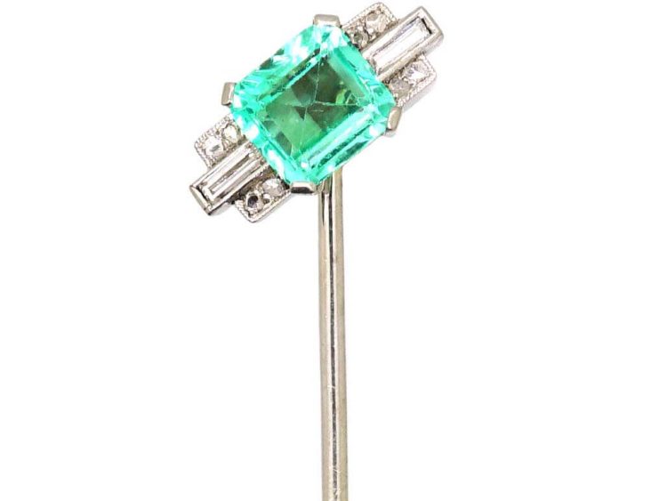 Art Deco Platinum, Emerald & Baguette Diamond Tie Pin