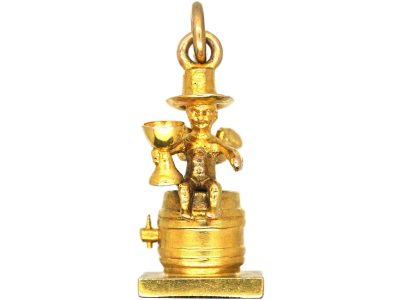 Edwardian 9ct Gold Charm of Cupid Sitting on a Barrel Drinking Wine
