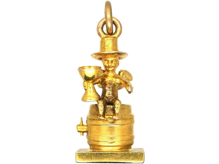 Edwardian 9ct Gold Charm of Cupid Sitting on a Barrel Drinking Wine
