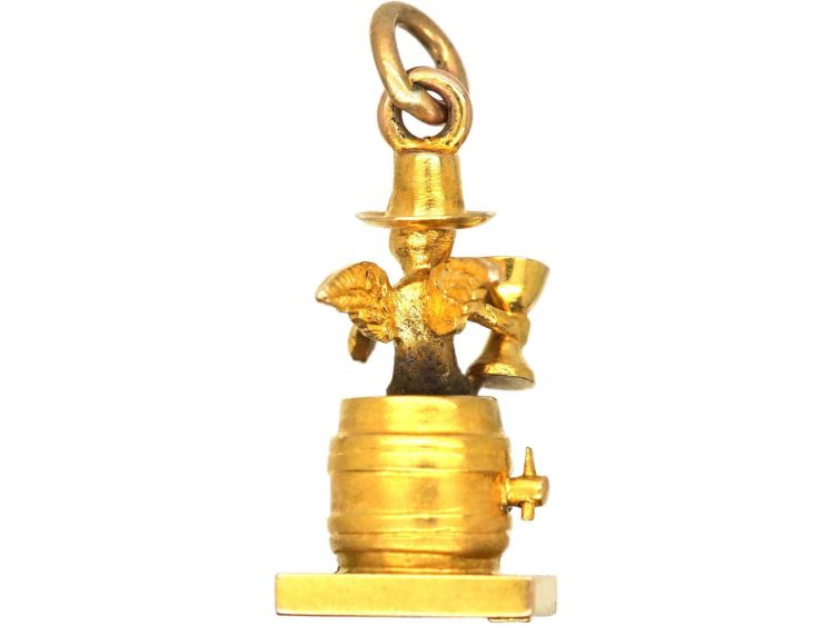 Edwardian 9ct Gold Charm of Cupid Sitting on a Barrel Drinking Wine