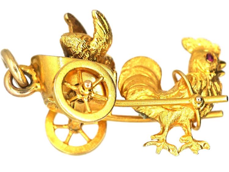 Edwardian 9ct Gold Cockerel & Chick in Cart Charm