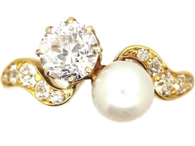 Edwardian 18ct Gold Diamond & Natural Pearl Crossover Ring